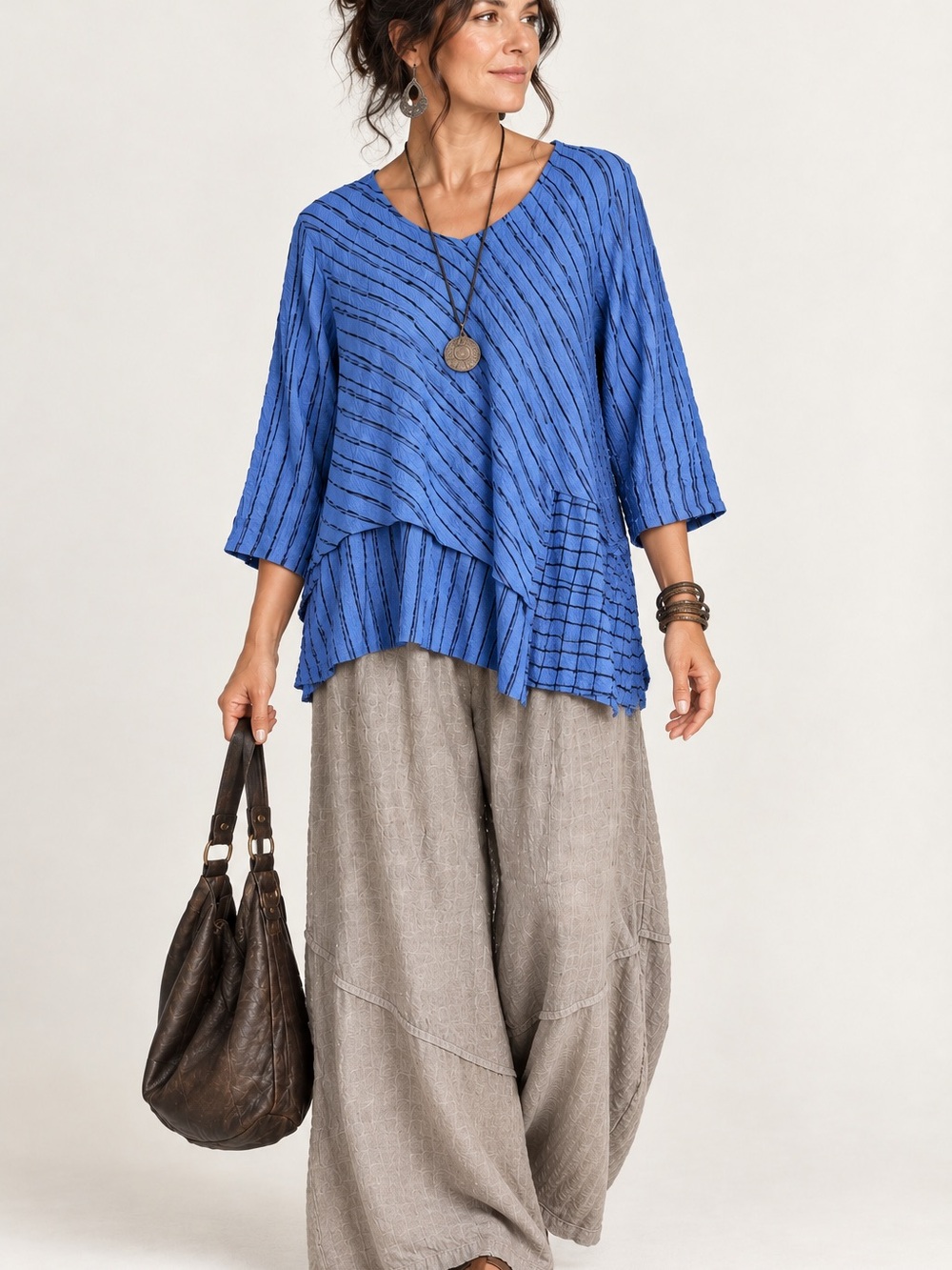 Habitat Array Blue  Black Gray Stripe Lagenlook Artsy Asymmetric Blouse Large